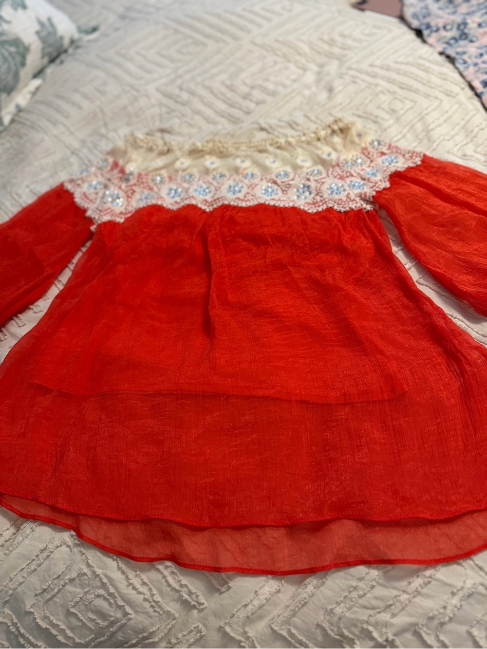 Altar'd State Coral Red Top with Ivory Lace Yoke
